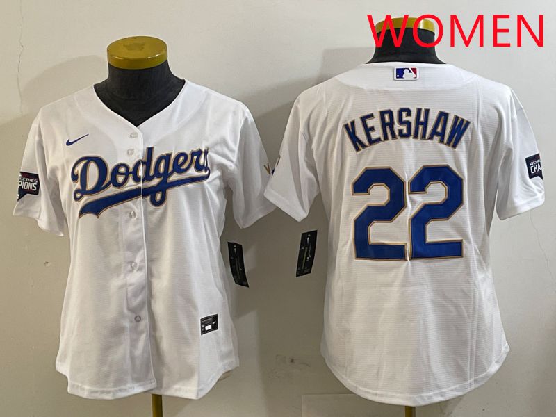 Women Los Angeles Dodgers #22 Kershaw White Gold Game 2025 Nike MLB Jersey style 1->women mlb jersey->Women Jersey
